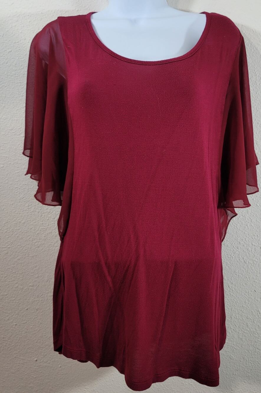 Celeste Burgundy Batwing Sheer Sleeves Small Lightweight Flowy Soft Round Neck